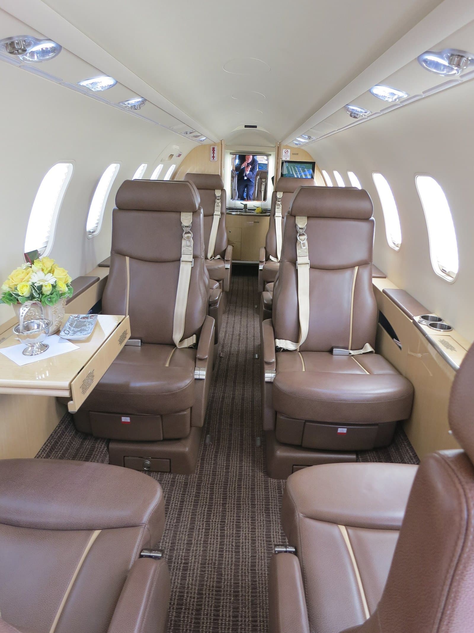 Cabin of a Bombardier Learjet 45XR with leather club seats
